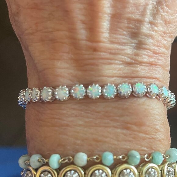 Neiman Marcus 18K White Gold Plated Crown Created Opal Tennis Bracelet - Picture 2 of 6